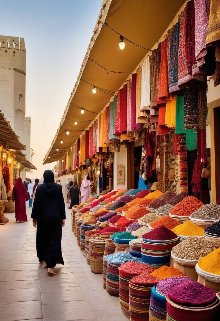 A picturesque scene showcasing the vibrant souqs of Doha with colorful market stalls brimming with traditional handicrafts and spices, juxtaposed with a traveler capturing the essence of Qatari culture through a camera. Include traditional Qatari architecture in the background and people engaging in cultural activities, embodying the spirit of adventure and exploration. Use warm, inviting colors to evoke a sense of warmth and hospitality. super-realistic. vibrant colors.