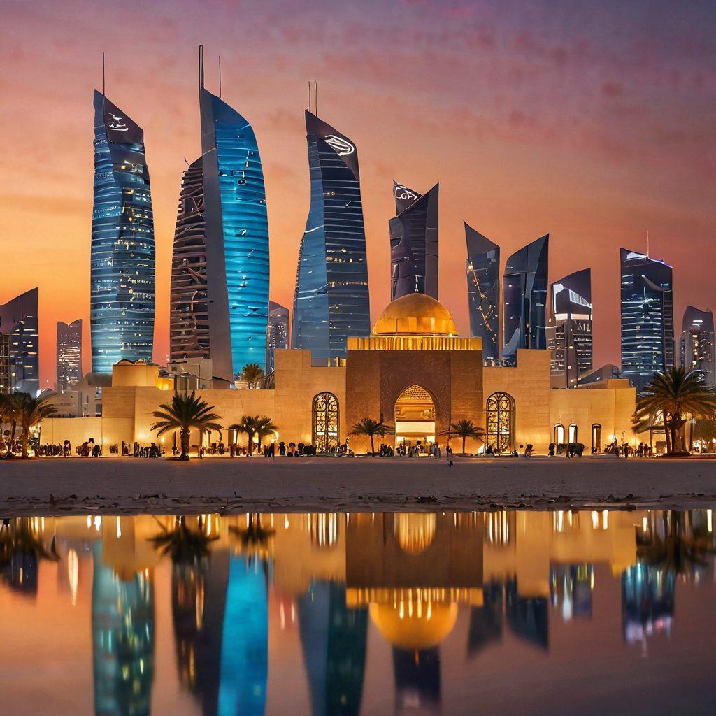 An enchanting view of the Qatari skyline, featuring the iconic Museum of Islamic Art and traditional Qatari architecture alongside modern skyscrapers. In the foreground, a diverse group of travelers engage in cultural activities, such as enjoying local cuisine and taking part in a traditional dance. The scene is set at sunset, casting warm golden hues over the landscape, emphasizing the rich culture and vibrant energy of Qatar. super-realistic. vibrant colors.