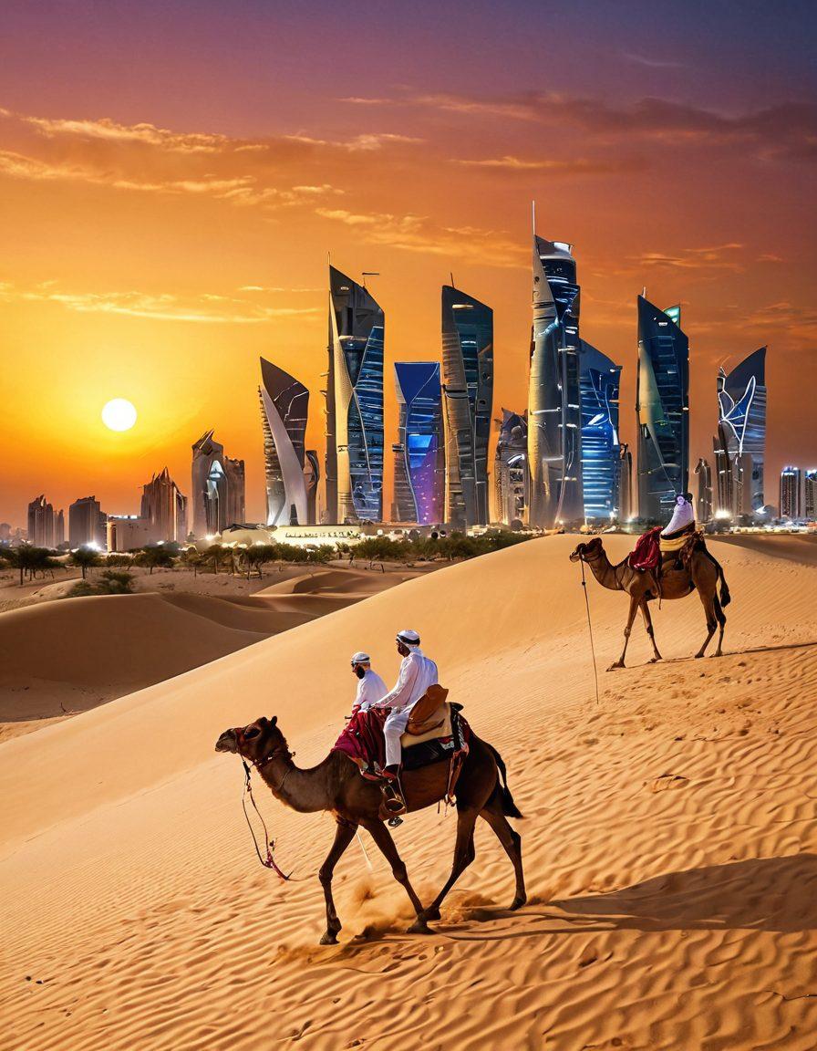 A vibrant landscape of Qatar showcasing the iconic skyline with modern skyscrapers, traditional architecture, and a desert backdrop. Include elements like a camel caravan crossing the dunes, a souq bustling with activity, and travelers exchanging cultural experiences. Add subtle hints of blogging tools, like a laptop and a camera, integrated into the scene. Capture the essence of adventure, culture, and travel in a warm sunset glow. super-realistic. vibrant colors. 3D.